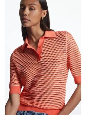 COS Coral Open-Knit Semi Sheer Polo Shirt Textured Design Medium